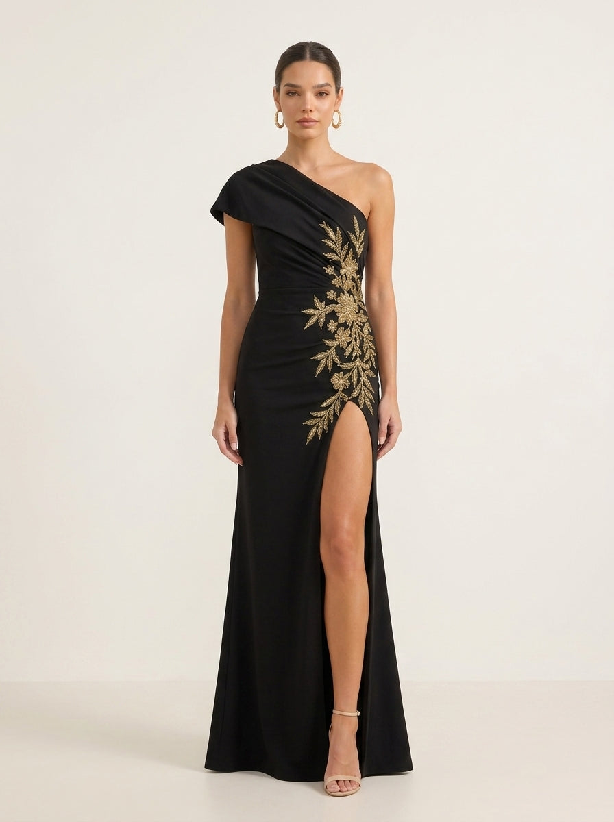 One-Shoulder Draped Crepe Floor-Length Evening Dresses with Gold Beaded Flowers and High Slit