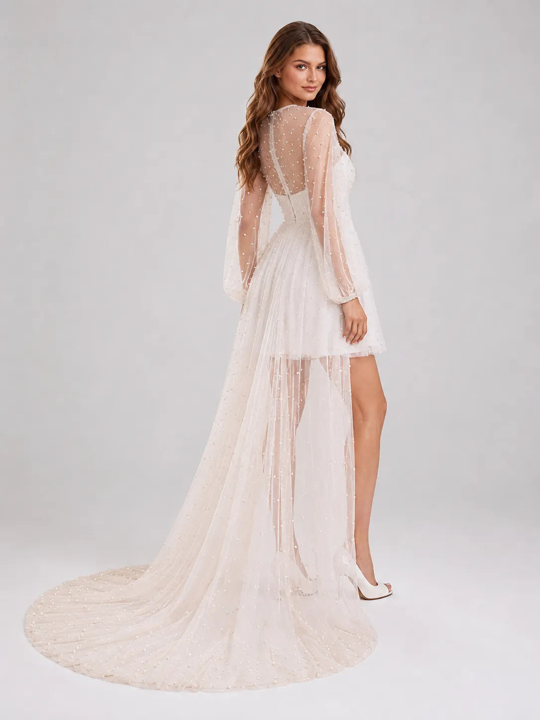 Illusion Pearl Tulle Long Sleeve Mini Bridal Dress with Detachable-Look Cathedral Train