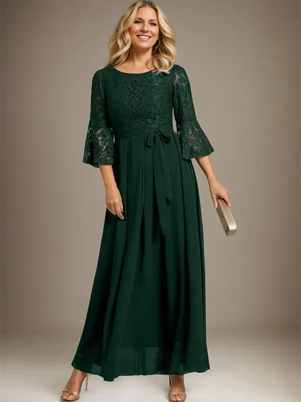 Robe de mère de la mariée trapèze en mousseline de soie et dentelle, longueur cheville, avec nœud