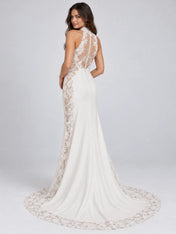 High-Neck Lace-Panel Mermaid Bridal Gown Wedding Dress