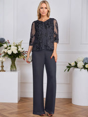 Pantsuits Separates V-Neck Floor-Length Lace Chiffon Mother of the Bride Dress