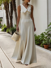White V Neck Sleeveless A Line Floor Length Satin Dress
