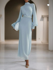 Light Blue Chiffon Mock Neck Long Sleeve Balloon Sleeve A-Line Maxi Dress