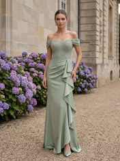 Off-the-Shoulder Beaded Corset-Style Crepe Prom Dress with Cascading Ruffle Skirt