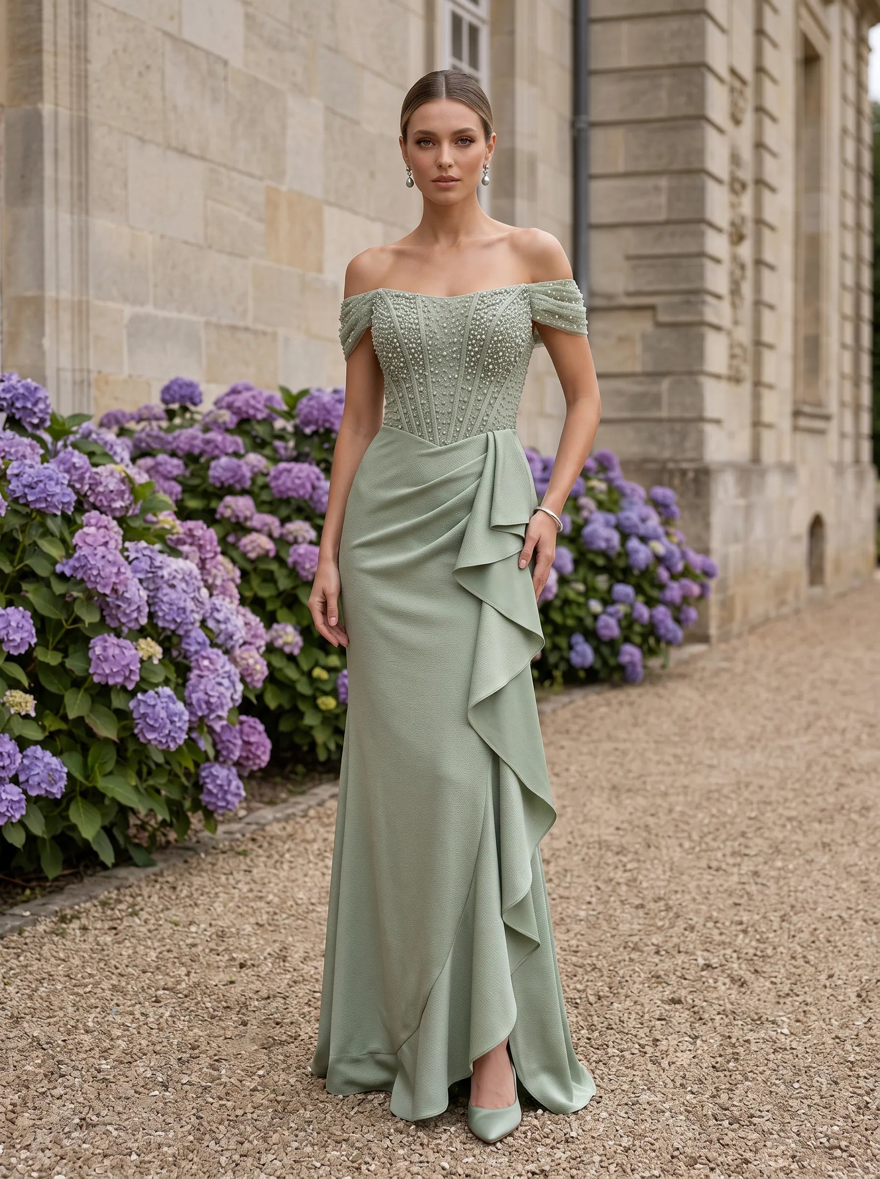 Off-the-Shoulder Beaded Corset-Style Crepe Prom Dress with Cascading Ruffle Skirt