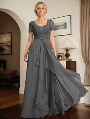 A-line Sweetheart Floor-Length Chiffon Lace Mother of the Bride Dress With Beading Cascading Ruffles