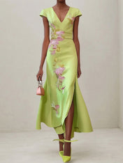 Green Floral V Neck Embroidered Cap Sleeve Slit Sheath Maxi Dress