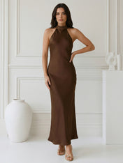 Brown Halter Neck Mermaid Satin Maxi Dress Tea Length