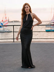 Black Halter Neck Keyhole Shimmer Sleeveless Long Evening Dress