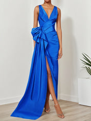Blue Ruched V Neck Dresses Sleeveless A-Line Gown