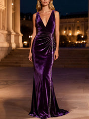 Sparkly Purple Long Mermaid Velvet Holiday Party Dress with Beading
