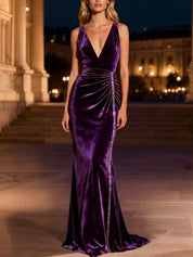 Sparkly Purple Long Mermaid Velvet Holiday Party Dress with Beading
