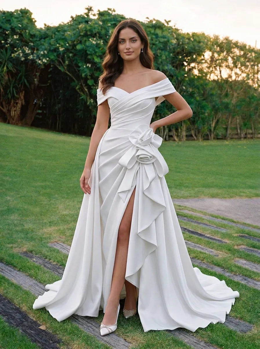 Off-the-Shoulder Draped Satin A-Line Wedding Dress with Ruffle and Slit