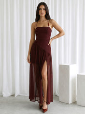 Burgundy Strapless Spaghetti Straps Maxi Dress with Slit