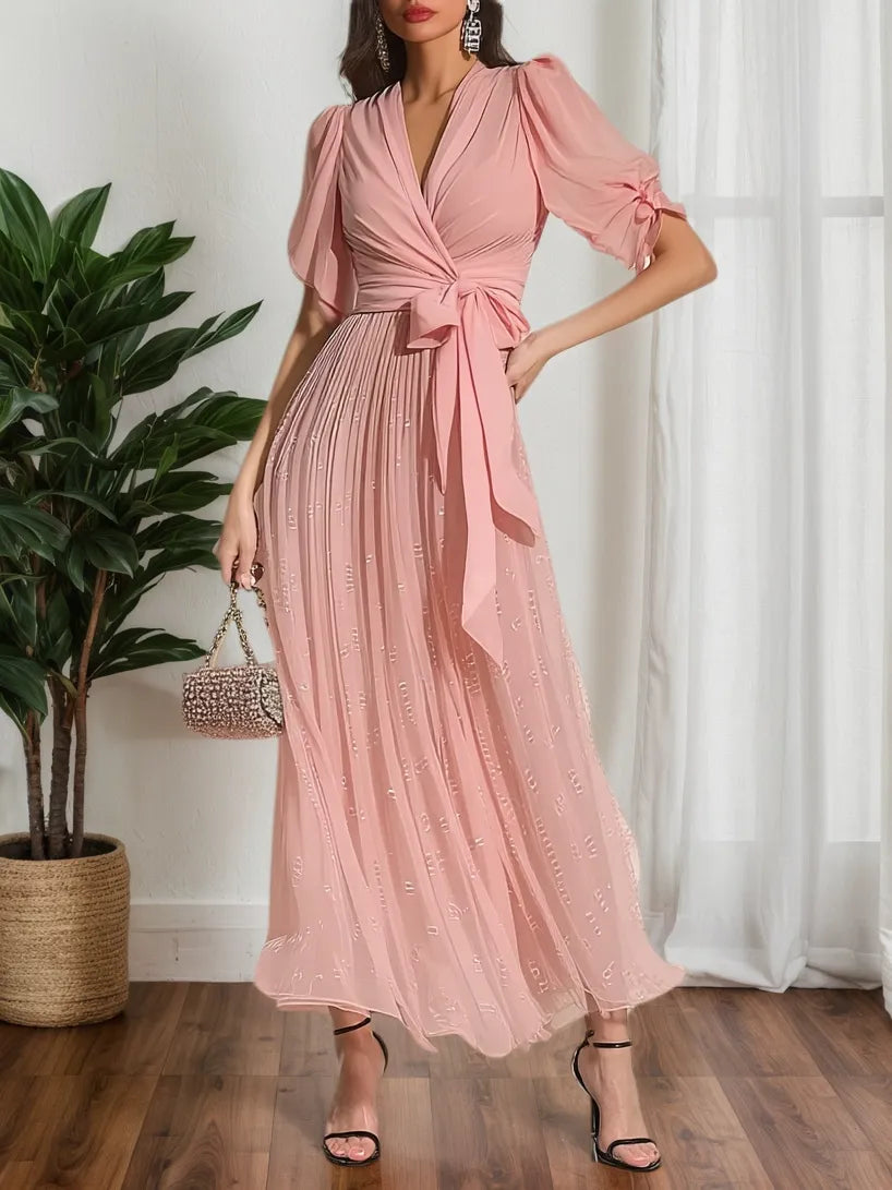 Pink Ruched Bow Chiffon V Neck Short Sleeve Sheath Maxi Dress
