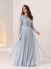 Long-Sleeve Beaded Floral A-Line Floor-Length Evening Dresses with Side Sashes