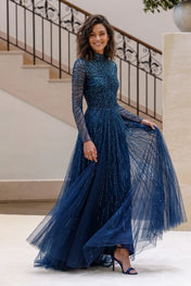 Navy Blue Beaded High-Neck Long-Sleeve Tulle Evening Dress