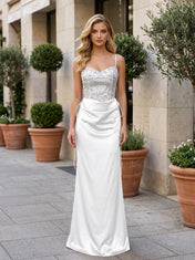 Spaghetti Strap Beaded Bodice Satin Mermaid Prom Dress with Draped Waist and Corset Back