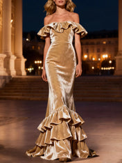 Champagne Mermaid Tiered Long Velvet Holiday Party Dress with Ruffles