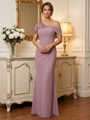 One-Shoulder Short Sleeve Floor-Length Chiffon Mother of the Bride Dress With Lace Appliqué