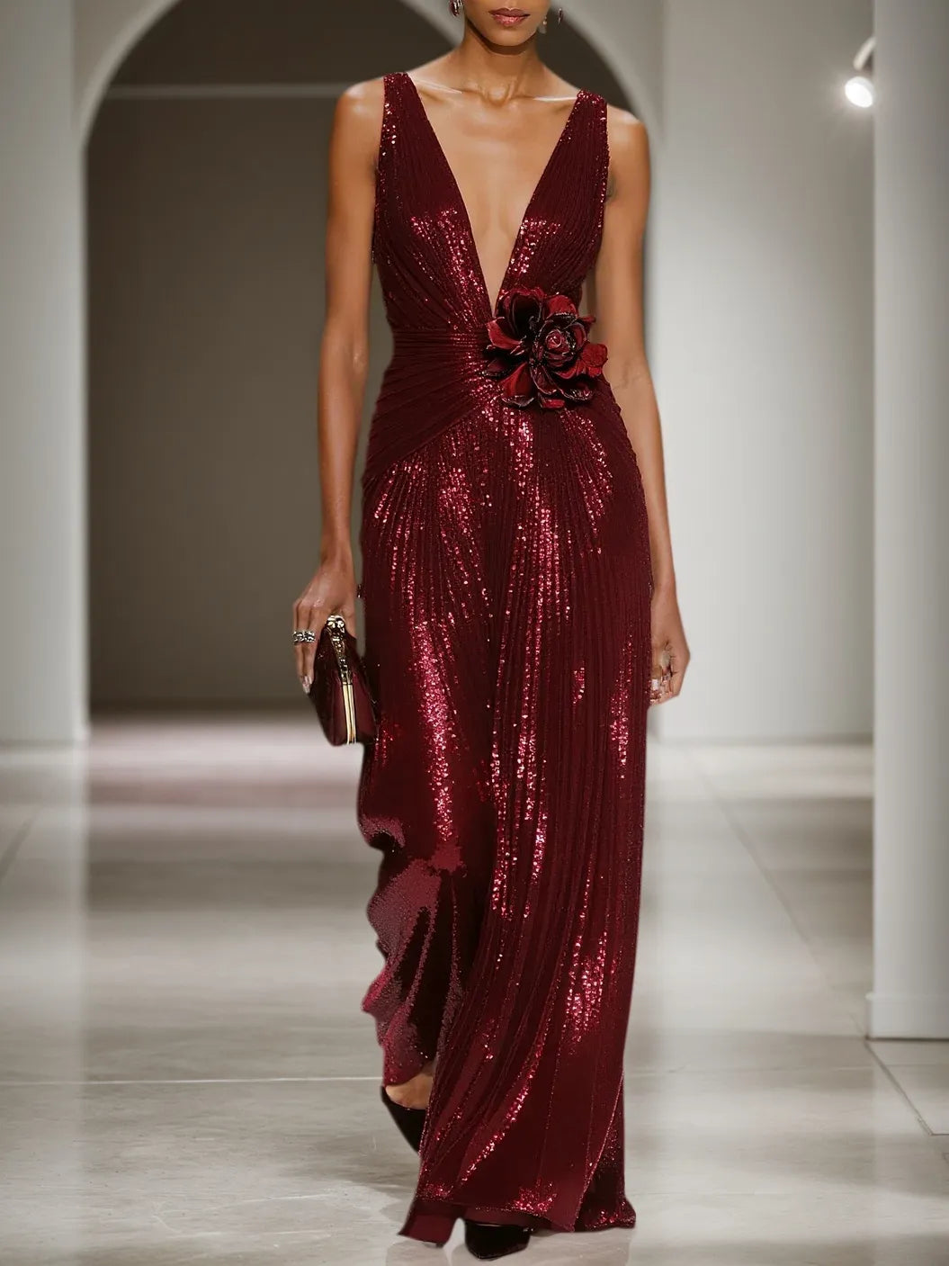 Wine Red 3D Floral Sequin V Neck Sleeveless Sheath Maxi Dress