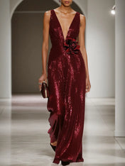 Wine Red 3D Floral Sequin V Neck Sleeveless Sheath Maxi Dress