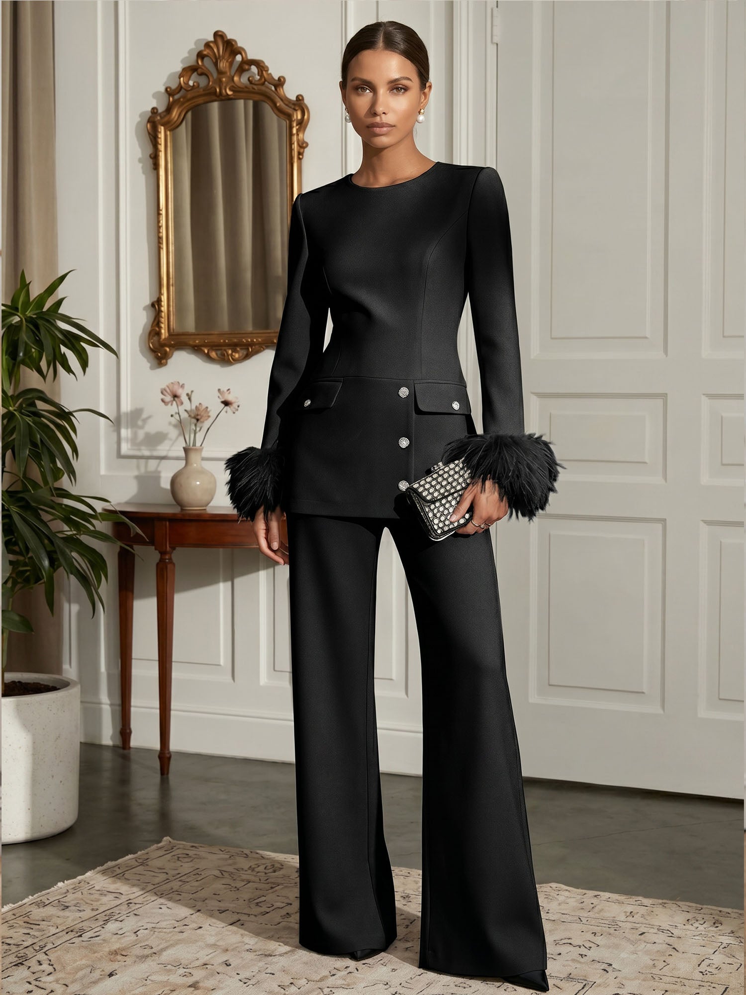 Women's White Two-Piece Set: Buckle Detail Feather-Trimmed Top & Straight-Leg Pants