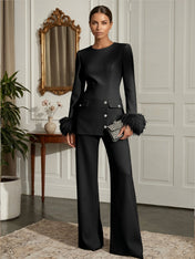 Women's White Two-Piece Set: Buckle Detail Feather-Trimmed Top & Straight-Leg Pants