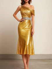 Evening Formal Dress Golden One Shoulder Sequin Midi Dress