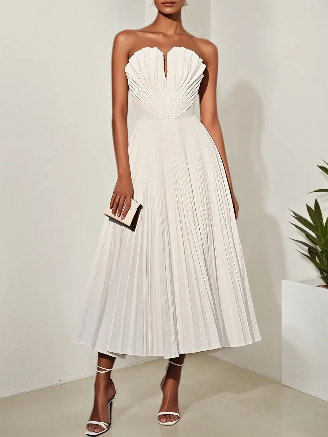 Dreamylily Women White Pleated Classic Strapless Sleeveless A-Line Midi