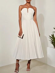 White Pleated Classic Strapless Sleeveless A-Line Midi Dress