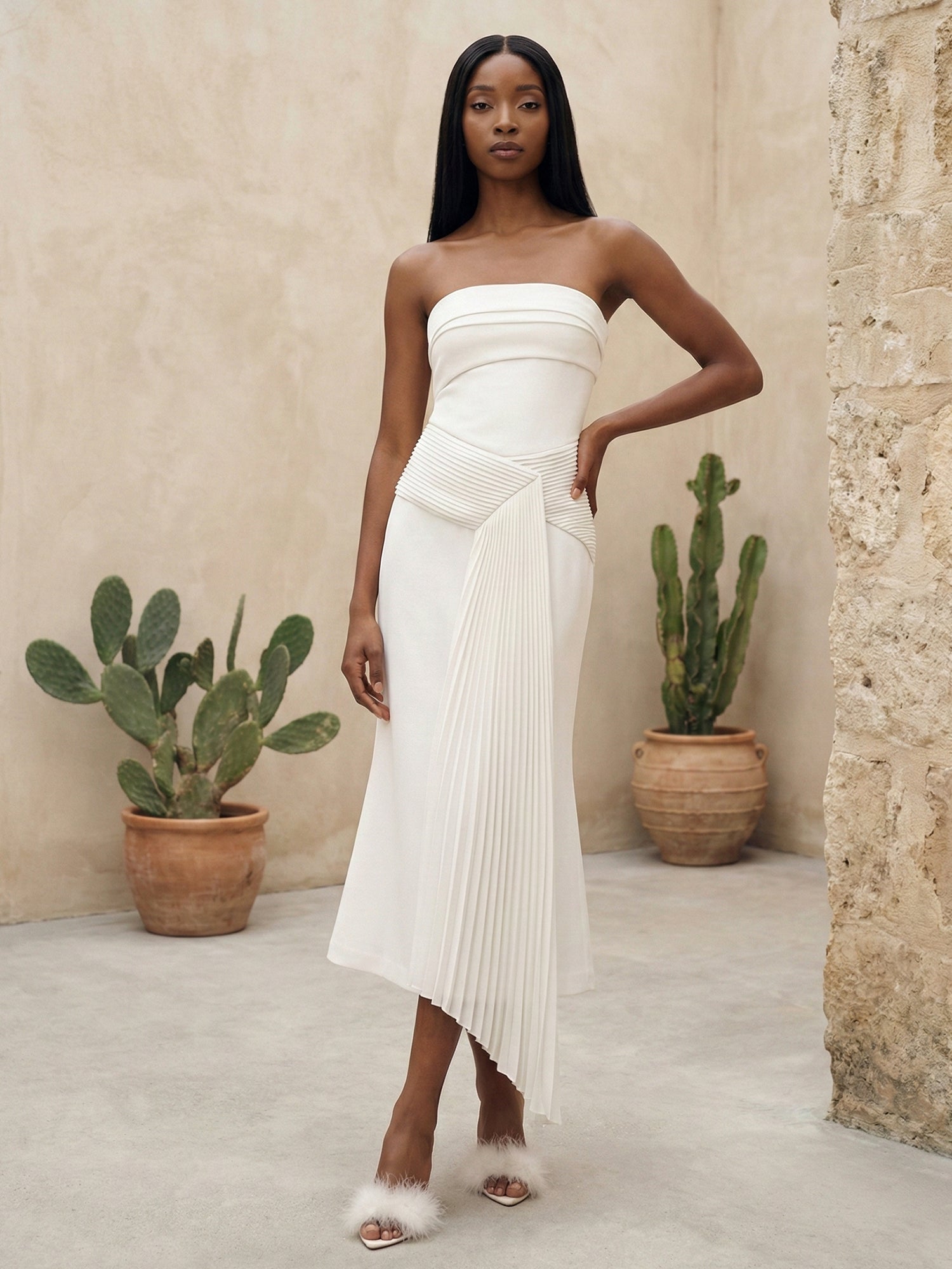 White Strapless Mermaid Satin Evening Dress with Pleat
