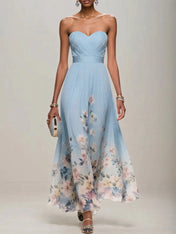 Strapless Sweetheart Neckline Floral Print Chiffon Evening Gown with Ruched Waist
