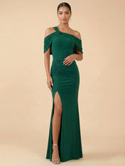 Emerald Green Cold Shoulder Slit Evening Gown with Ruched