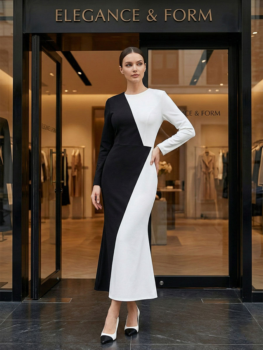 Color-Block Asymmetrical Belted Midi Dress