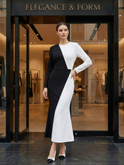 Color-Block Asymmetrical Belted Midi Dress