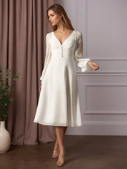 White A-Line V-Neck Lace Chiffon Pleated Wedding Dress