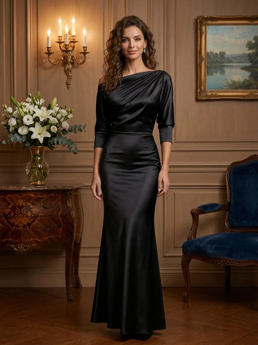 Asymmetrical Neck Three-Quarter Sleeve Satin Mermaid Evening Gown