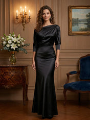 Asymmetrical Neck Three-Quarter Sleeve Satin Mermaid Evening Gown