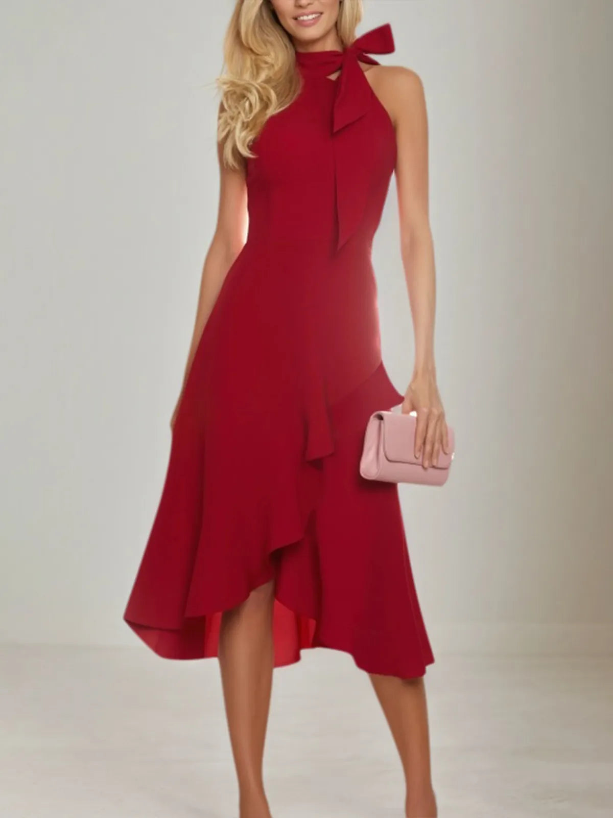 Cocktail Party Wrap Burgundy High Neck Ruffle Midi Dress