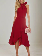 Cocktail Party Wrap Burgundy High Neck Ruffle Midi Dress
