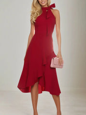 Cocktail Party Wrap Burgundy High Neck Ruffle Midi Dress