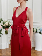 Red Bow V Neck Sleeveless Sheath/Column Midi Dress