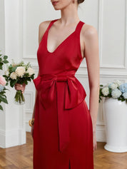 Red Bow V Neck Sleeveless Sheath/Column Midi Dress