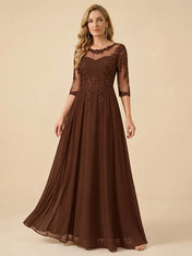 A-Line Scoop Neck 3/4 Sleeve Chiffon Mother of the Bride Gown
