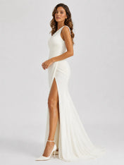 Elegant One-Shoulder Ruched Chiffon Sheath Wedding Dress with High Slit and Sweep Train