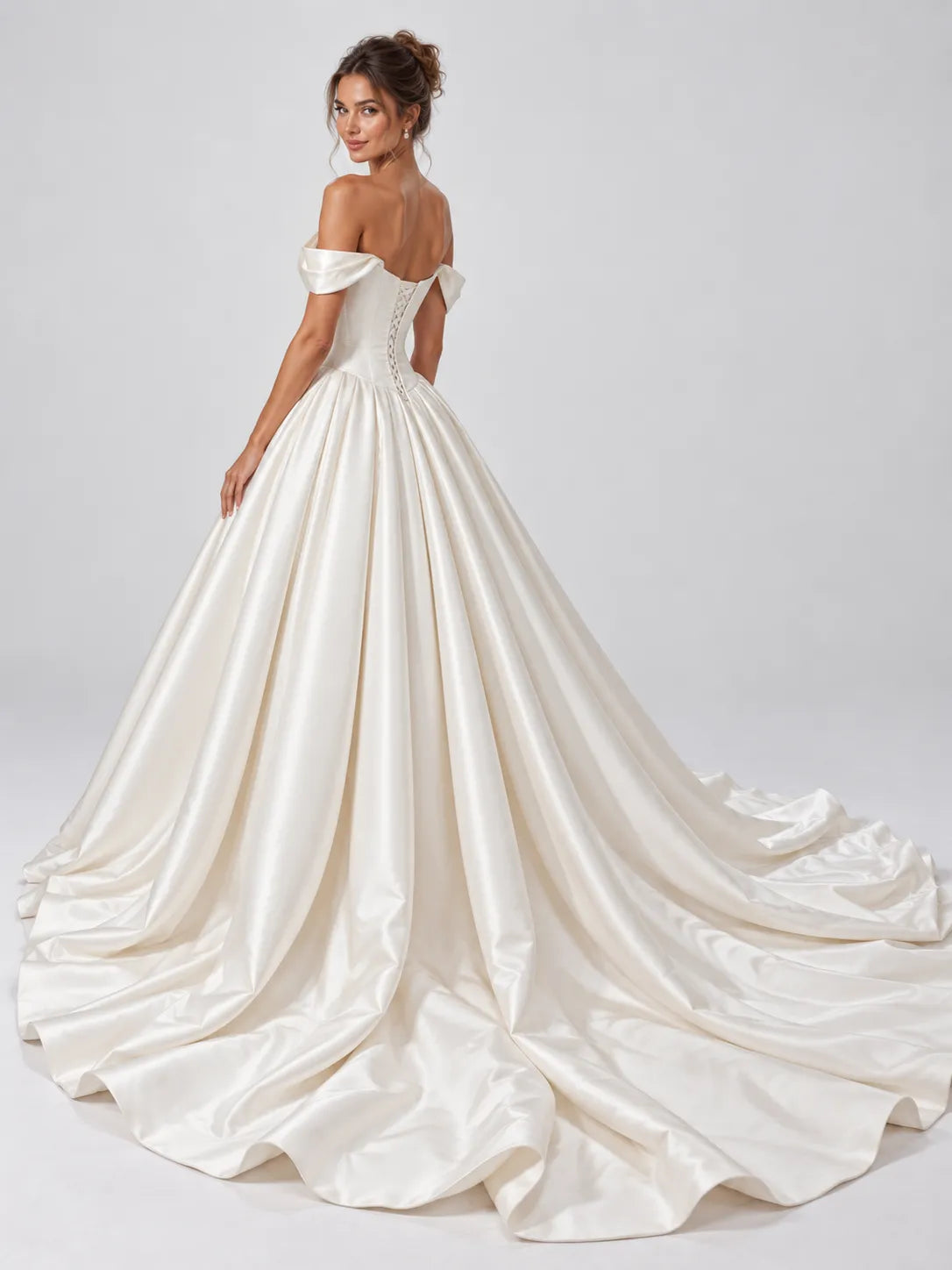 Off-The-Shoulder Beaded Plunge Satin Ball Gown Wedding Dress