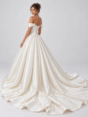 Off-The-Shoulder Beaded Plunge Satin Ball Gown Wedding Dress