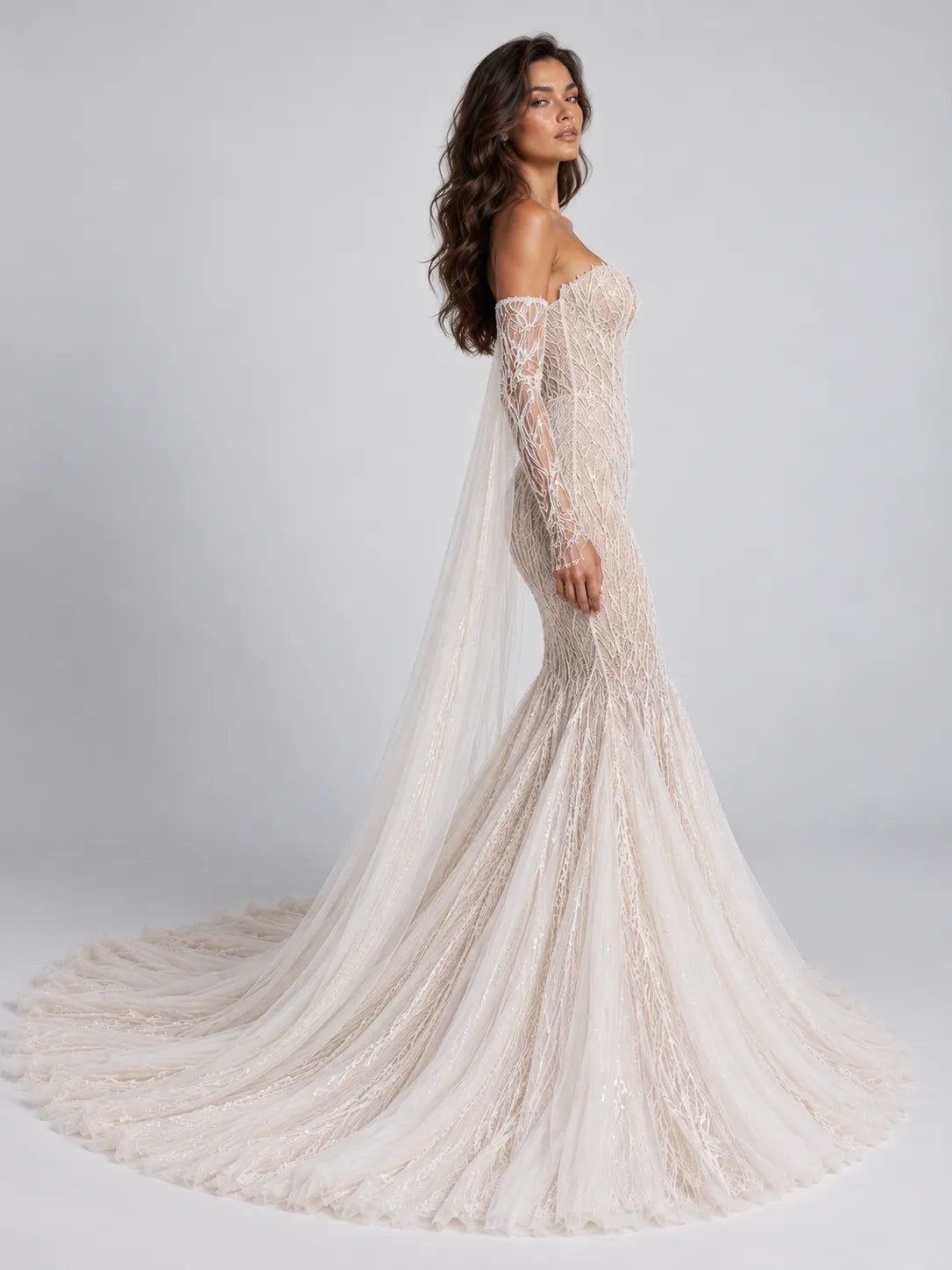 Off-the-Shoulder Illusion Branch-Embroidered Mermaid Wedding Dress with Dramatic Draped Sleeves