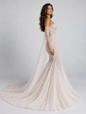 Off-the-Shoulder Illusion Branch-Embroidered Mermaid Wedding Dress with Dramatic Draped Sleeves